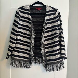 Joni B navy white striped fringe jacket cardigan. 3/4 sleeve, tweed. Medium